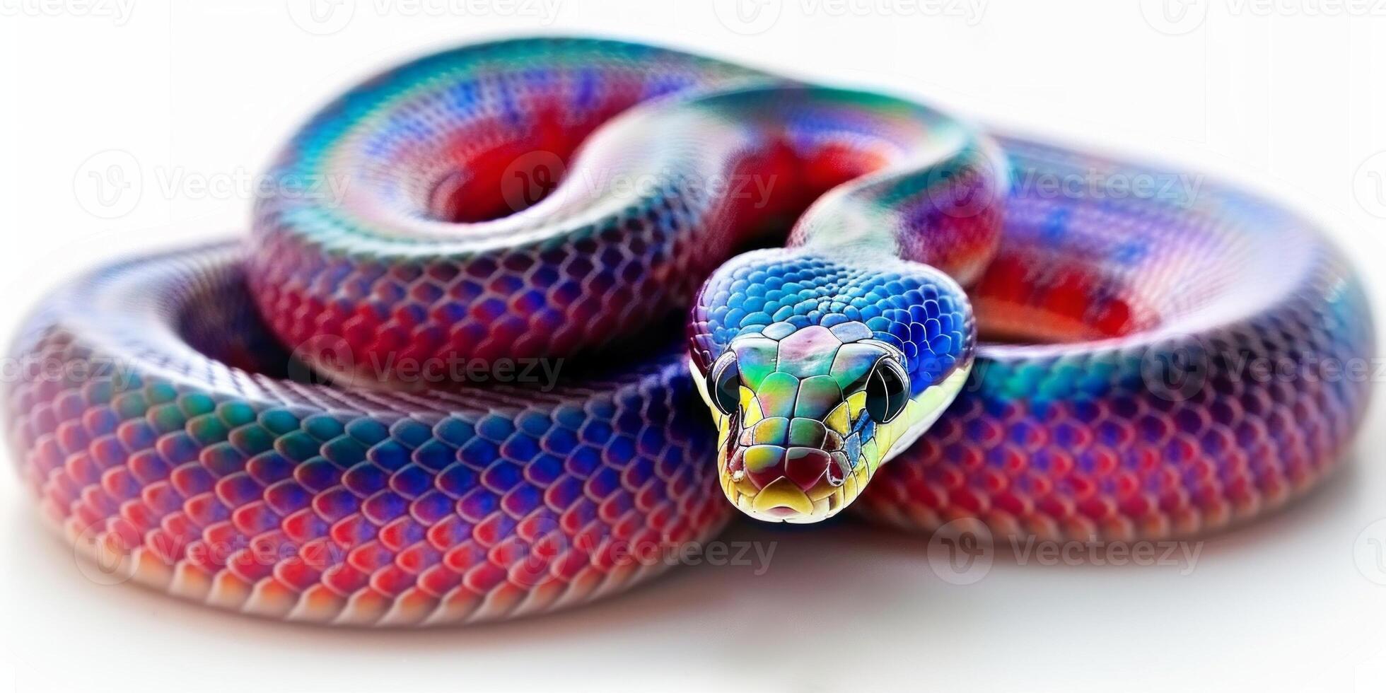 Brazilian Rainbow Boa rests in coiled position revealing its stunning iridescent scales under soft shadows on a clean white background highlighting vivid colors beautifully. photo