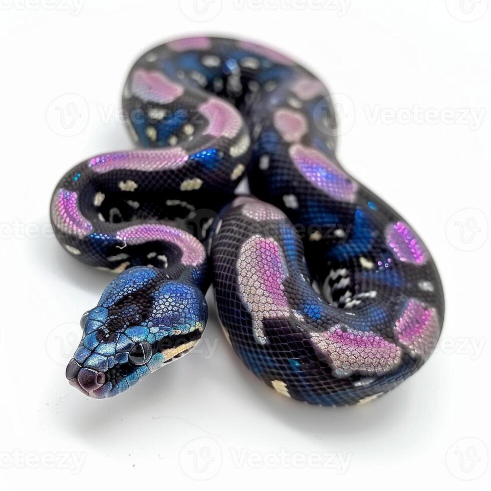 Brazilian Rainbow Boa showcases its stunning iridescent scales while coiled elegantly on a white background highlighting its unique coloration and patterns. photo