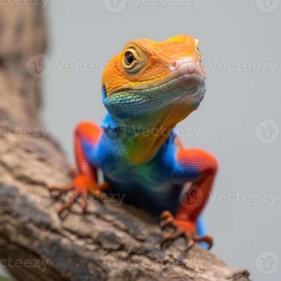vibrant Broad headed Skink is resting on a branch highlighting its striking colors and patterns under soft lighting. The skinks features are accentuated in macro detail. photo