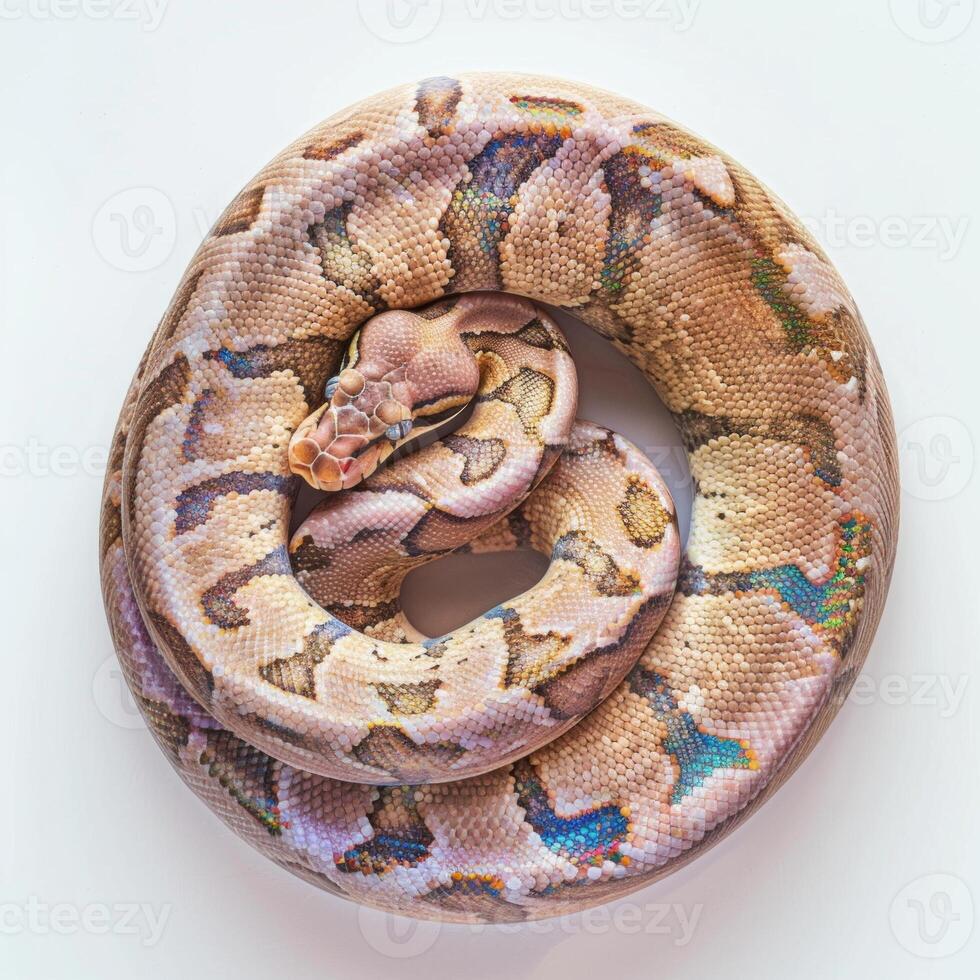 Brazilian Rainbow Boa is showcased in a tight coil displaying its vibrant iridescent scales on a clean white background. Soft shadows enhance its intricate patterns and colors. photo