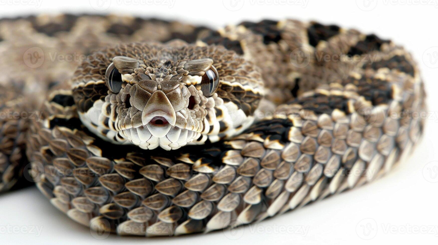 Bullsnake is elegantly coiled revealing its unique patterned scales against a bright white background emphasizing its non venomous nature and fascinating details. photo