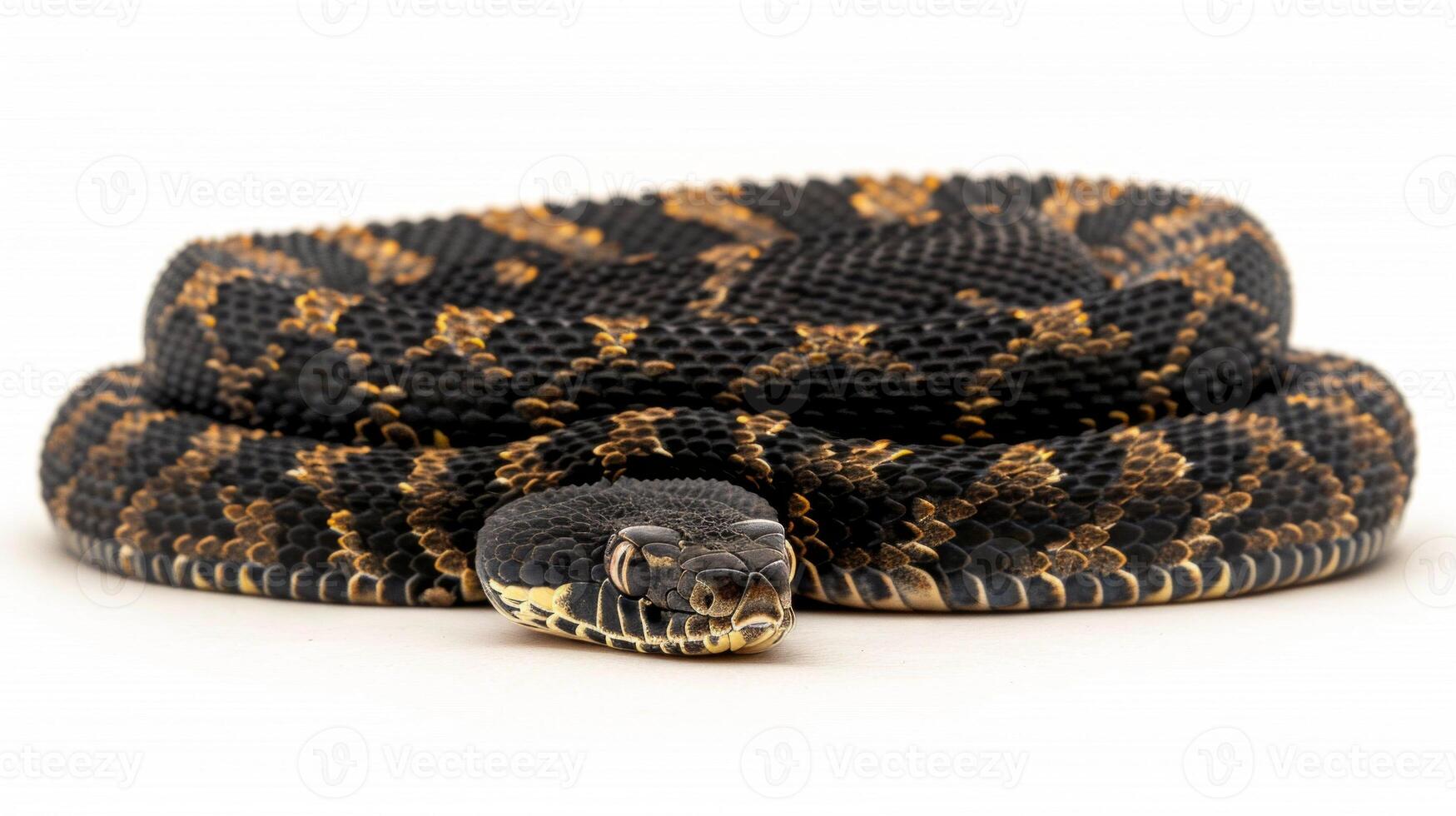 large non venomous bullsnake is elegantly coiled displaying its distinctive patterned scales and vibrant colors in bright lighting on a white backdrop. photo