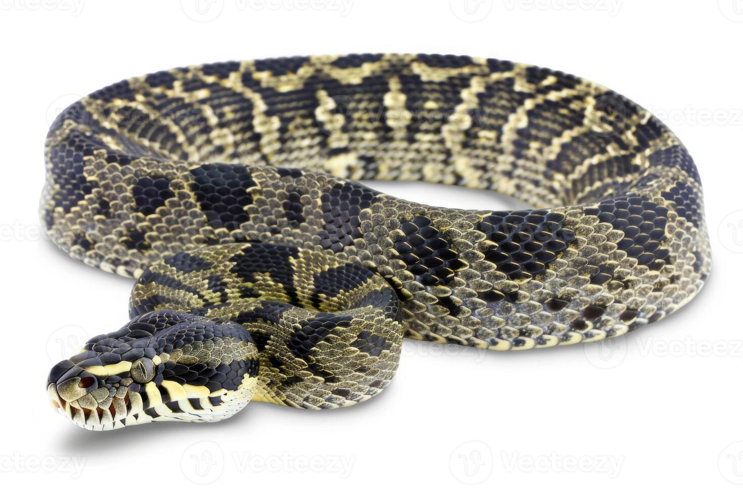 Carpet Python showcases its vibrant and intricate patterns while coiled in a relaxed position against a clean white backdrop highlighting its natural beauty. photo