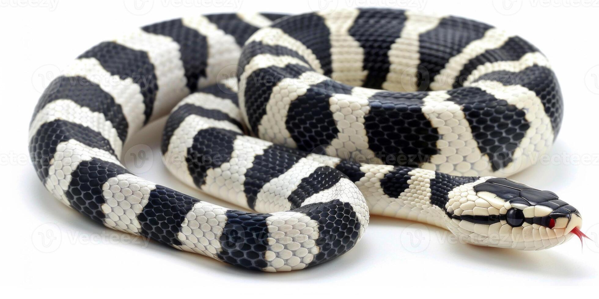 California Kingsnake displays its striking pattern of black and white bands while coiled elegantly against a pure white background. The even lighting highlights its unique texture. photo