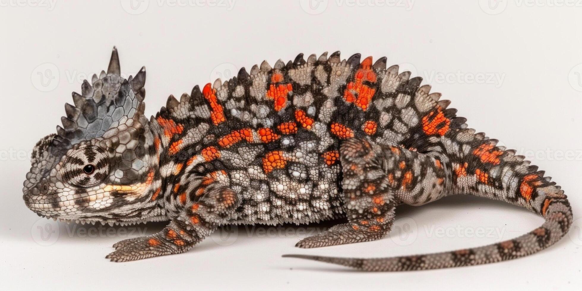 Chameleon Forest Dragon lizard sits isolated on a white surface displaying intricate patterns and vibrant hues under soft lighting emphasizing its unique features. photo