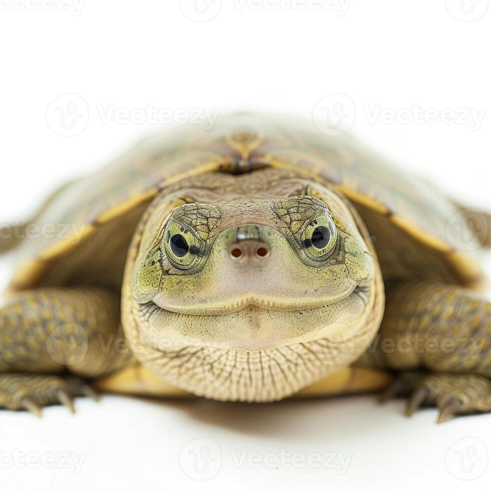 unique turtle species characterized by its leathery shell is lying quietly against a stark white background showcasing its distinct features and demeanor. photo
