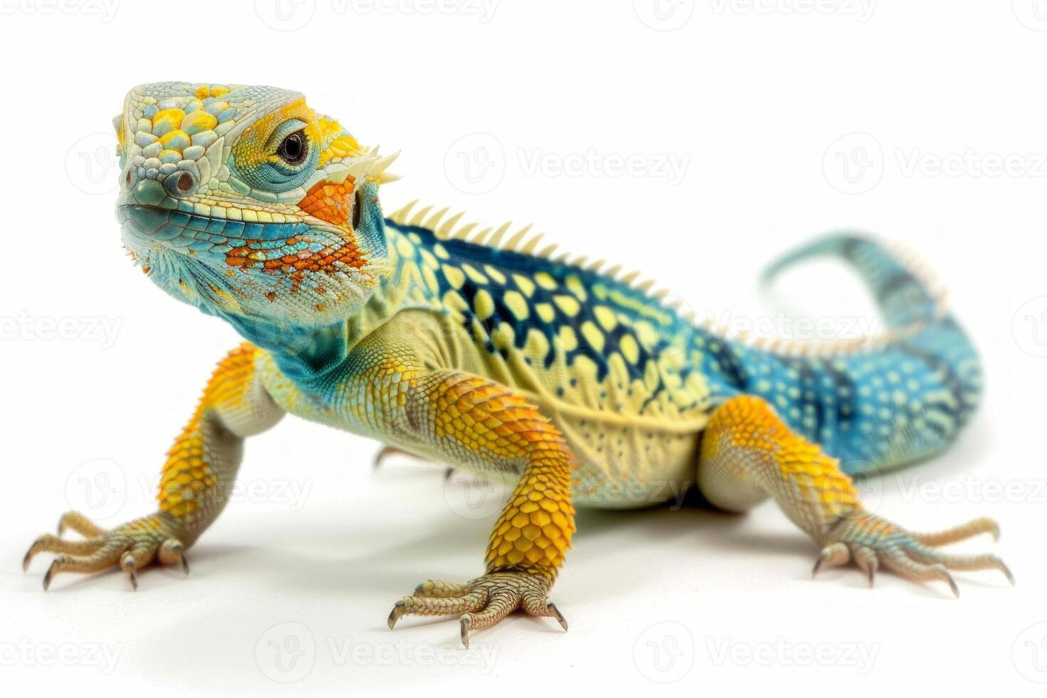 Common Collared Lizard showcases its bright vibrant colors while standing isolated on a white backdrop. The soft shadows highlight the intricate patterns and textures. photo