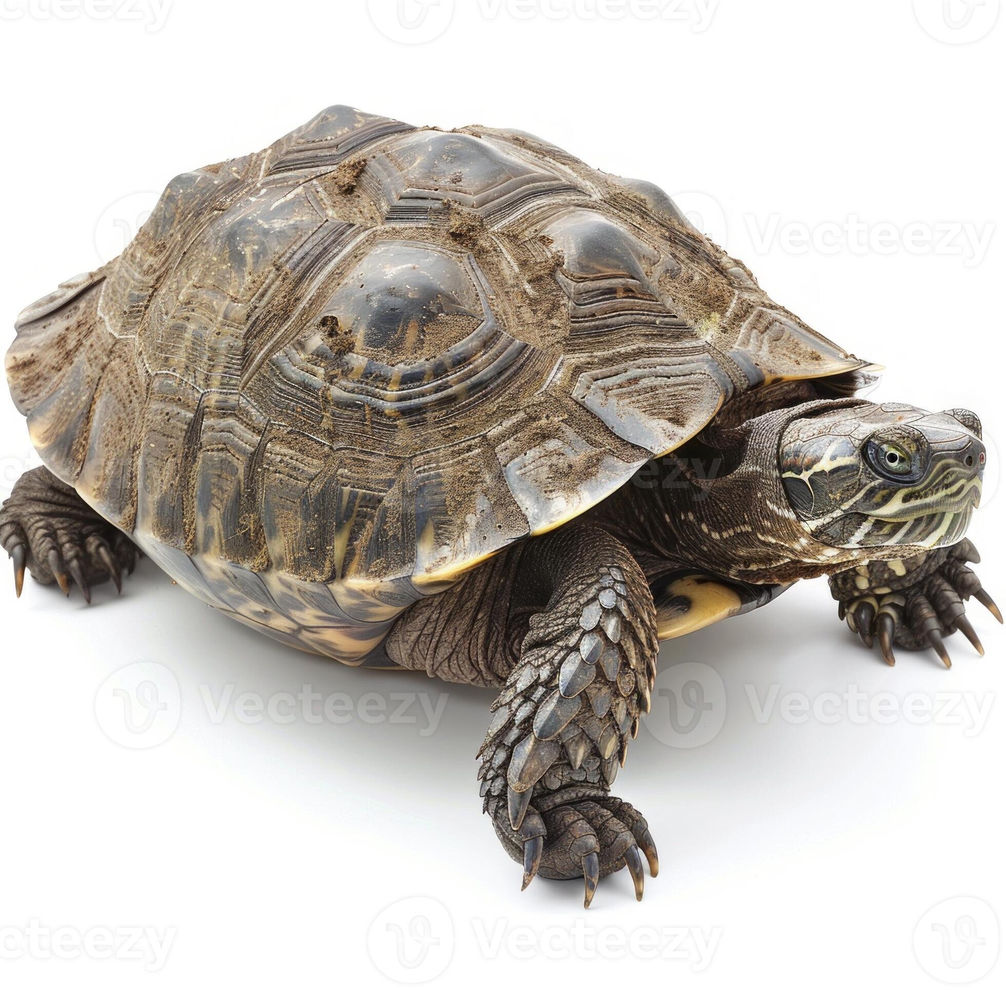 Common Snapping Turtle stands alone against a stark white background ...