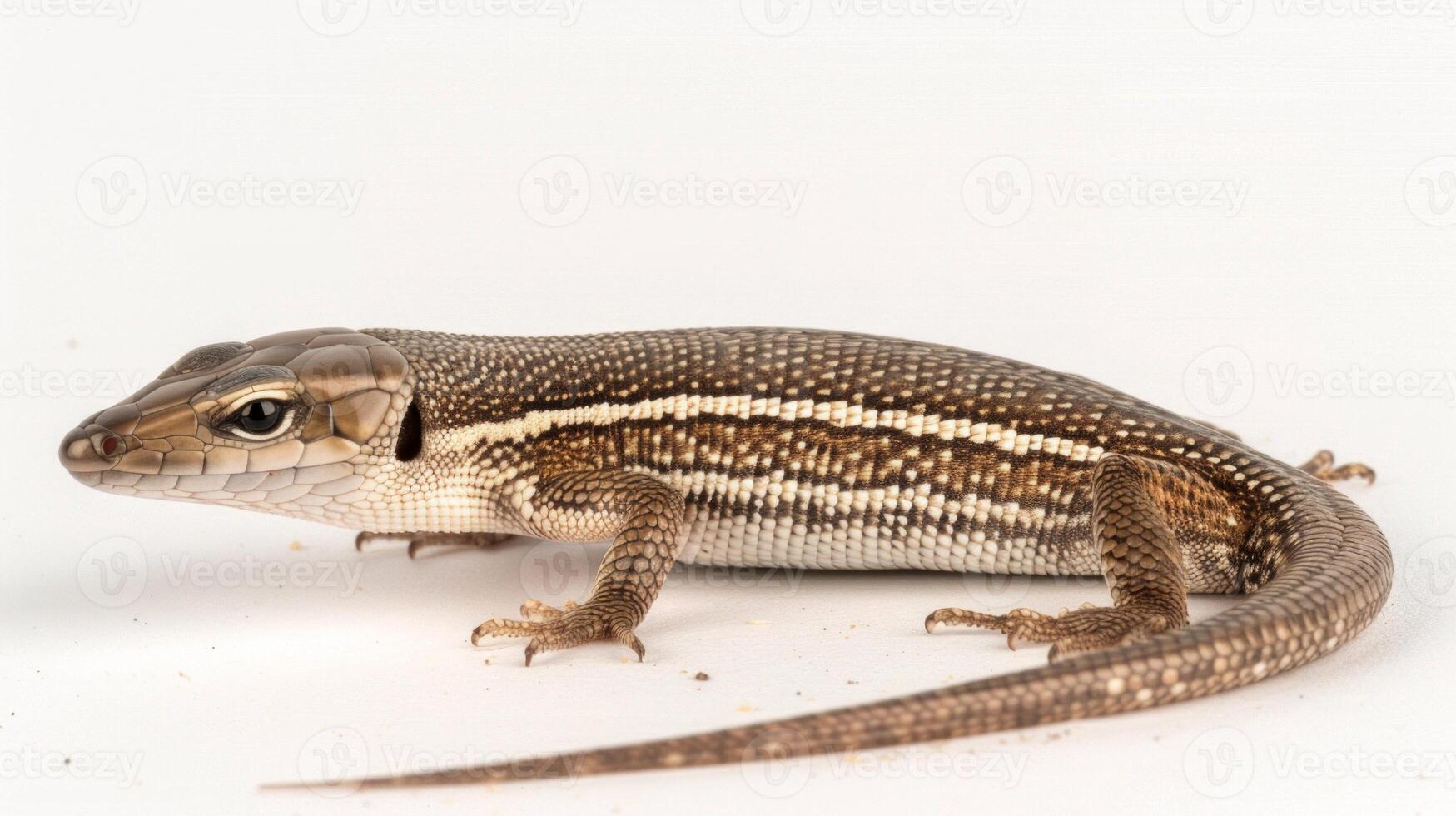 Common Worm Lizard seen burrowing into ground its legless body blending into the white background highlighted by bright lighting that emphasizes its features. photo