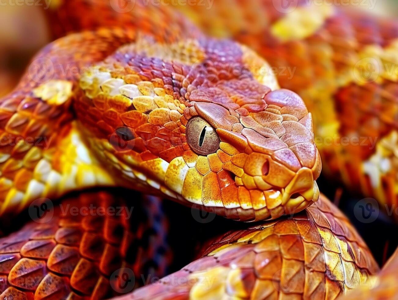 This striking Copperhead Snake showcases its vibrant copper colored scales while coiled in a relaxed position. The dramatic side lighting enhances its textures and features. photo