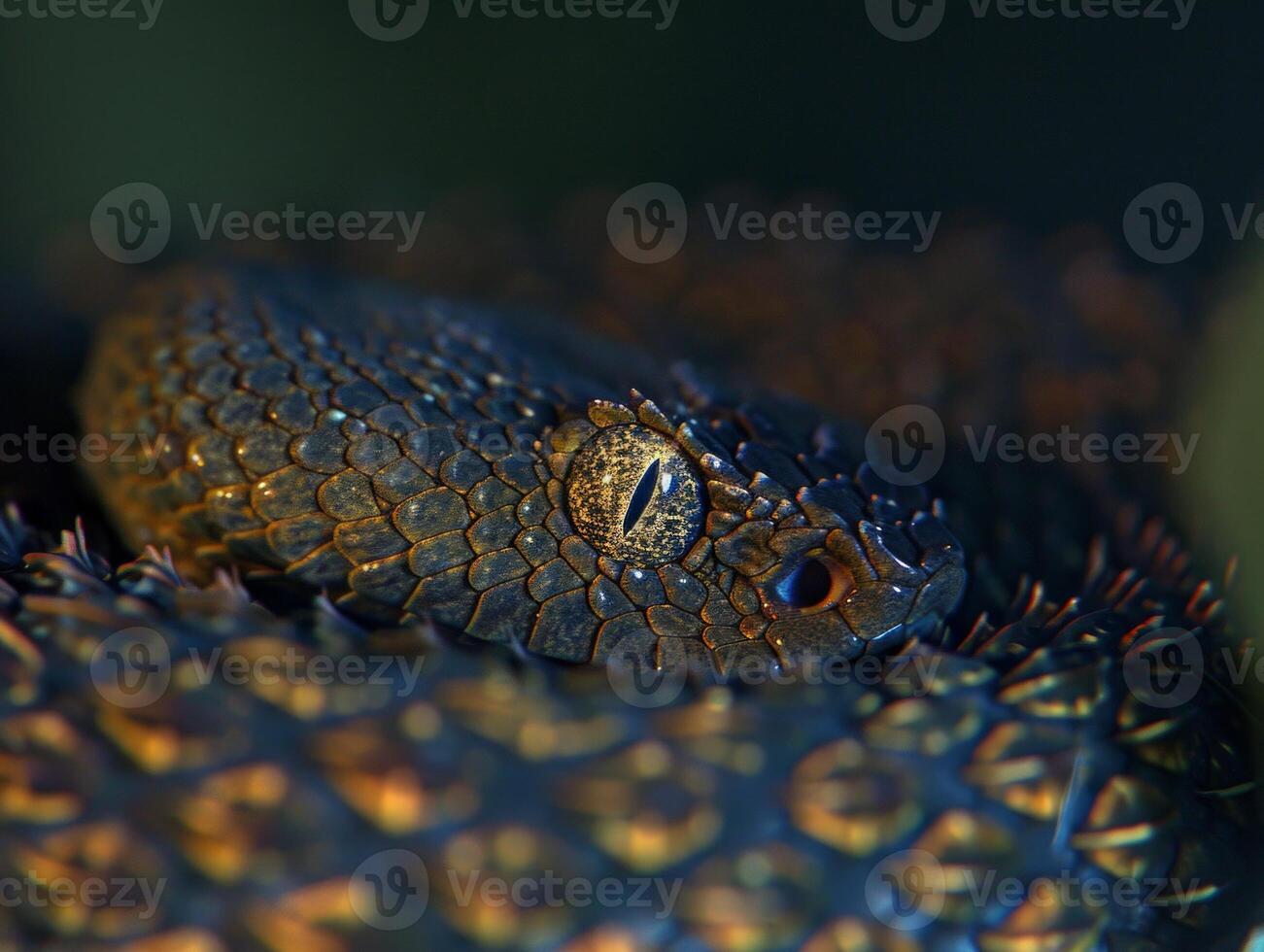This striking Copperhead snake showcases its copper colored scales while coiled in a vivid display against a white backdrop. The use of side lighting highlights its unique texture and features. photo