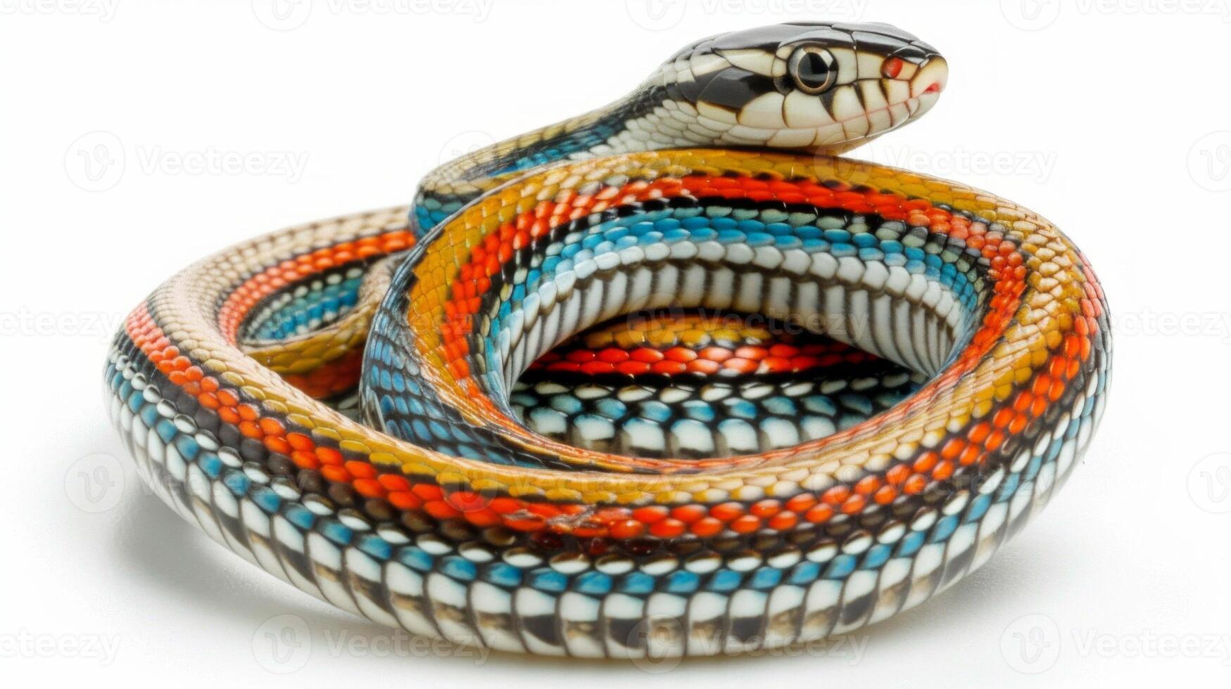 beautiful Coral bellied Ringneck Snake is coiled elegantly against a white backdrop highlighting its striking colors and unique patterns perfect for reptile enthusiasts. photo
