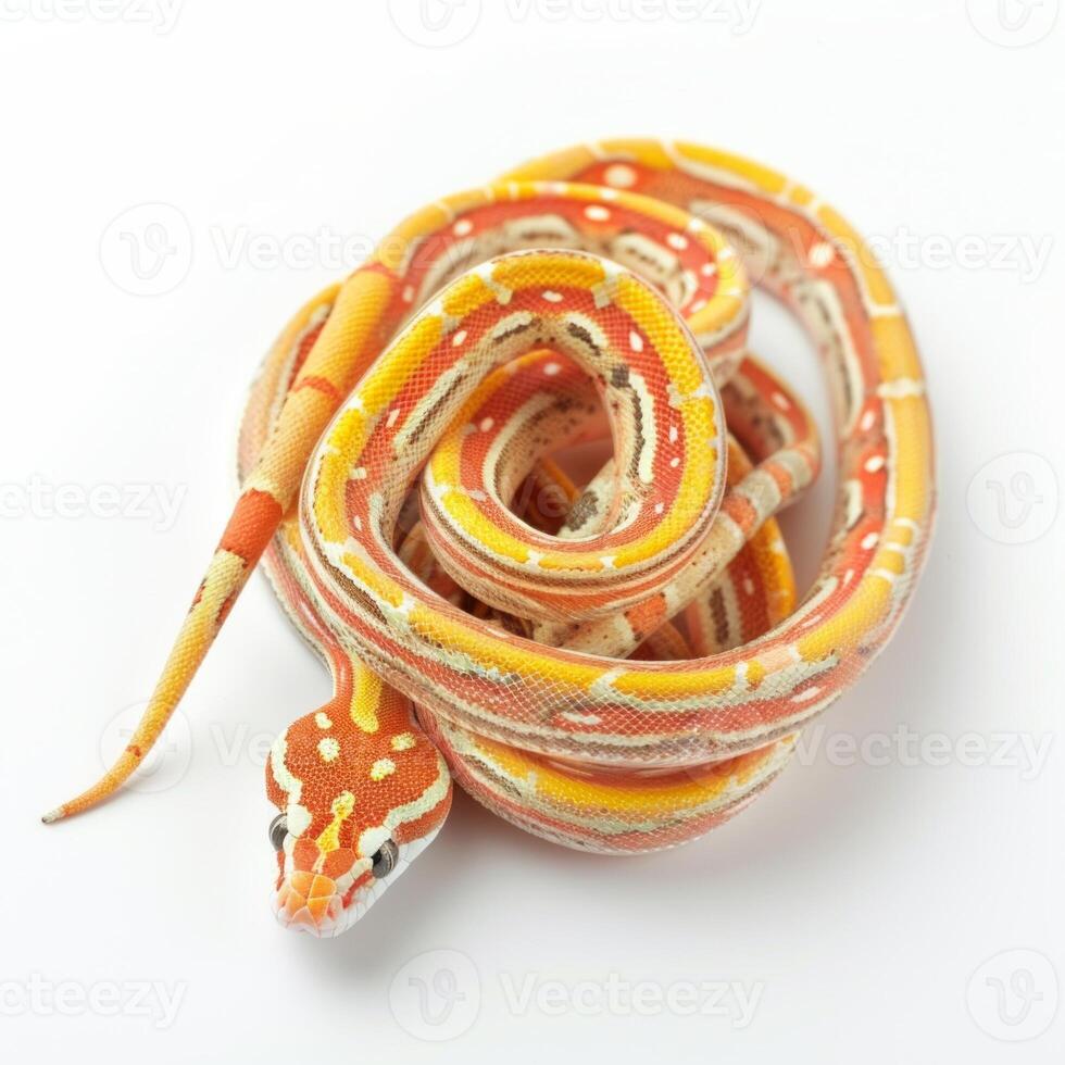 corn snake displays stunning orange and red patterns while coiled loosely on a white background showcasing its beautiful scales and texture in even lighting. photo