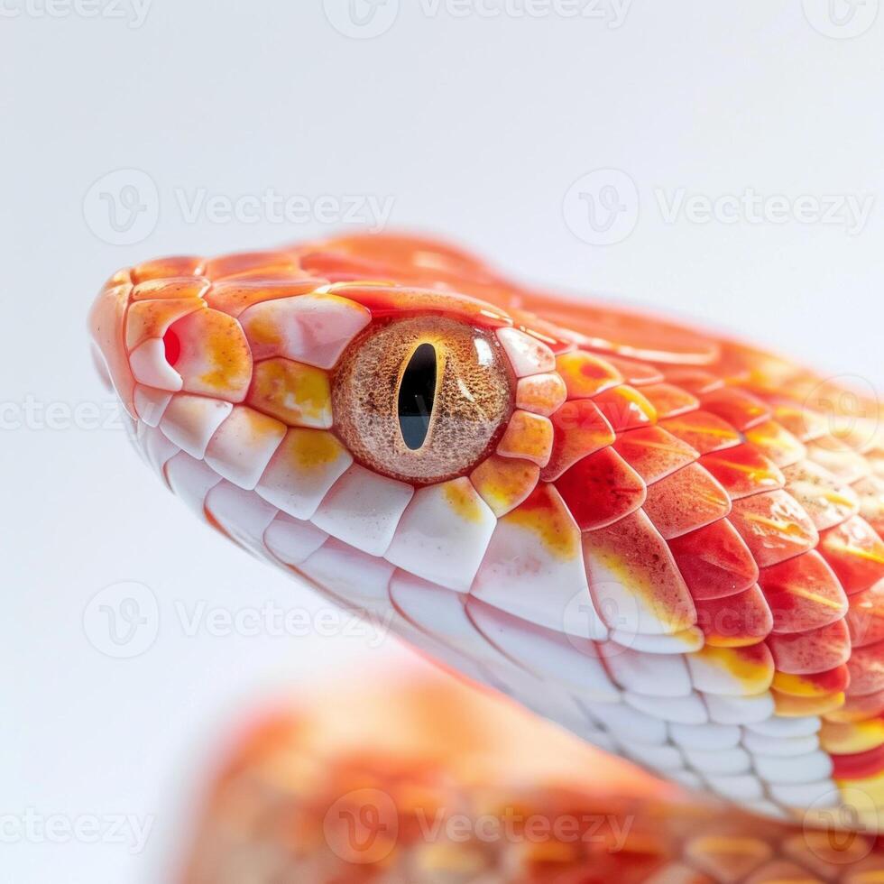 Corn Snake is coiled loosely displaying its striking orange and red patterns. The detailed texture of its scales is highlighted by soft even lighting capturing its beauty. photo