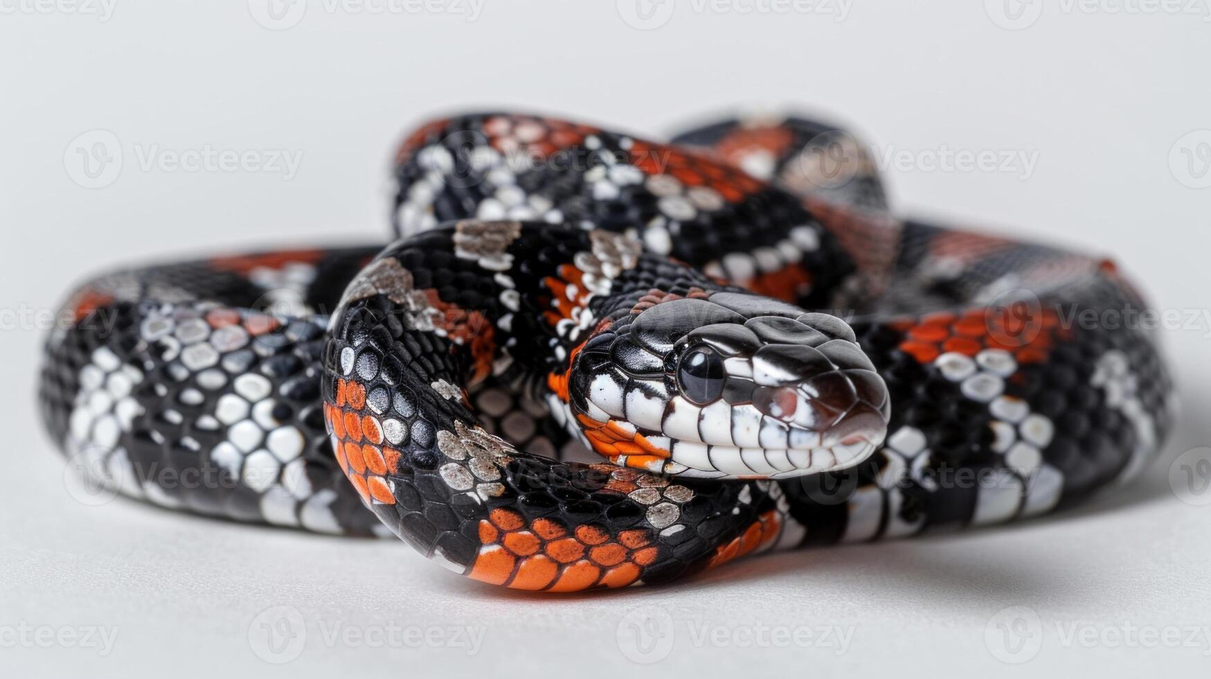 Coral bellied Ringneck Snake rests in a coiled position showcasing its strikingly bright underside against a clean white surface illuminated by bright lighting. photo