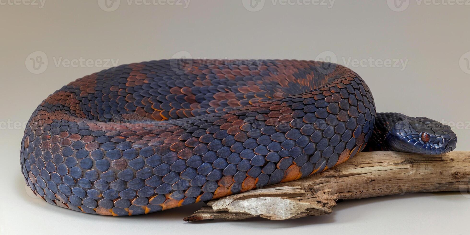 Cottonmouth snake is coiled around a branch showcasing its dark scales and distinctive coloration. Dramatic side lighting highlights its unique features against a clean white backdrop. photo
