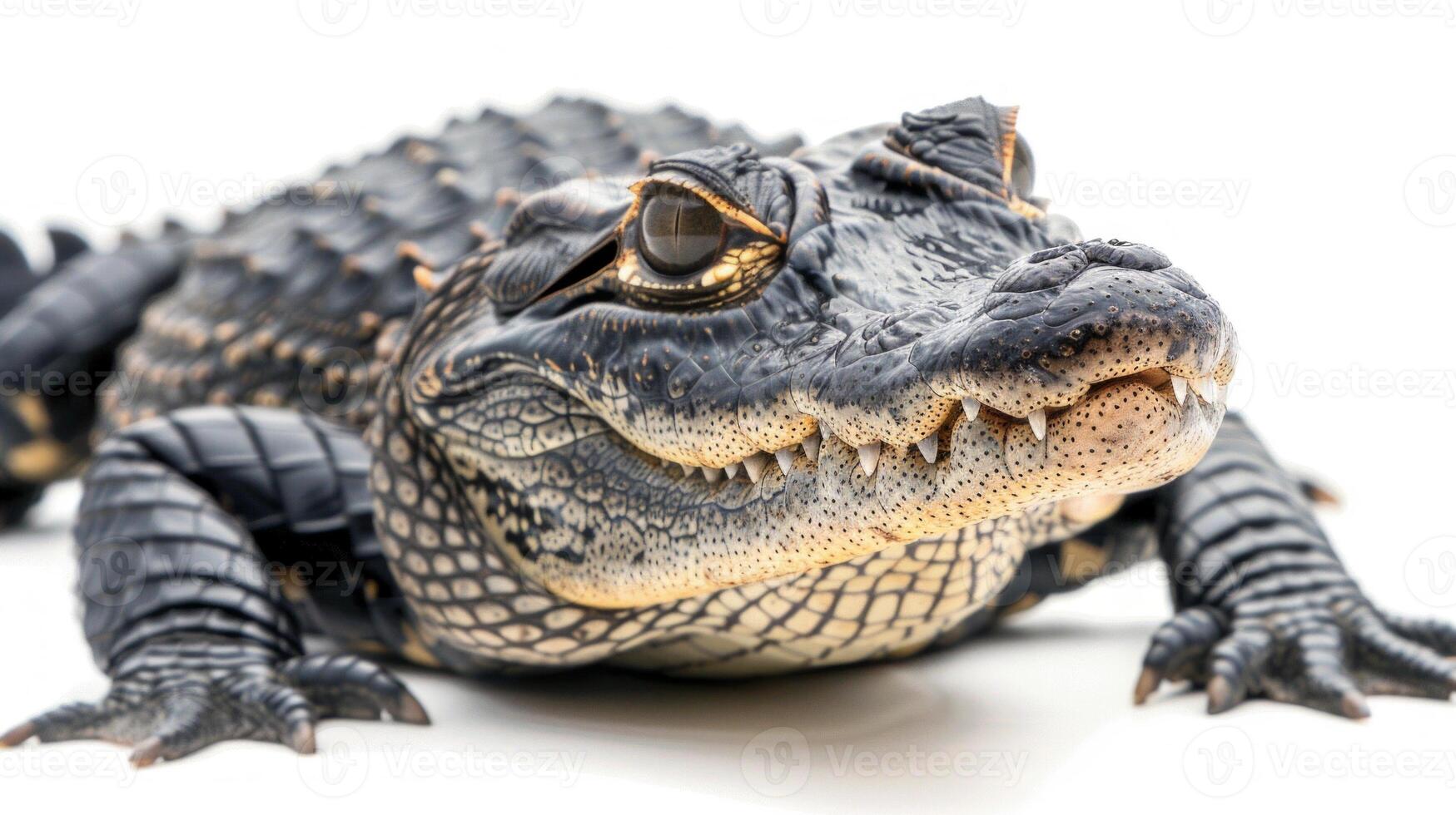 Cuban crocodile is lying down on a white background allowing a close up view of its rough skin and distinctive features in soft shadows. photo
