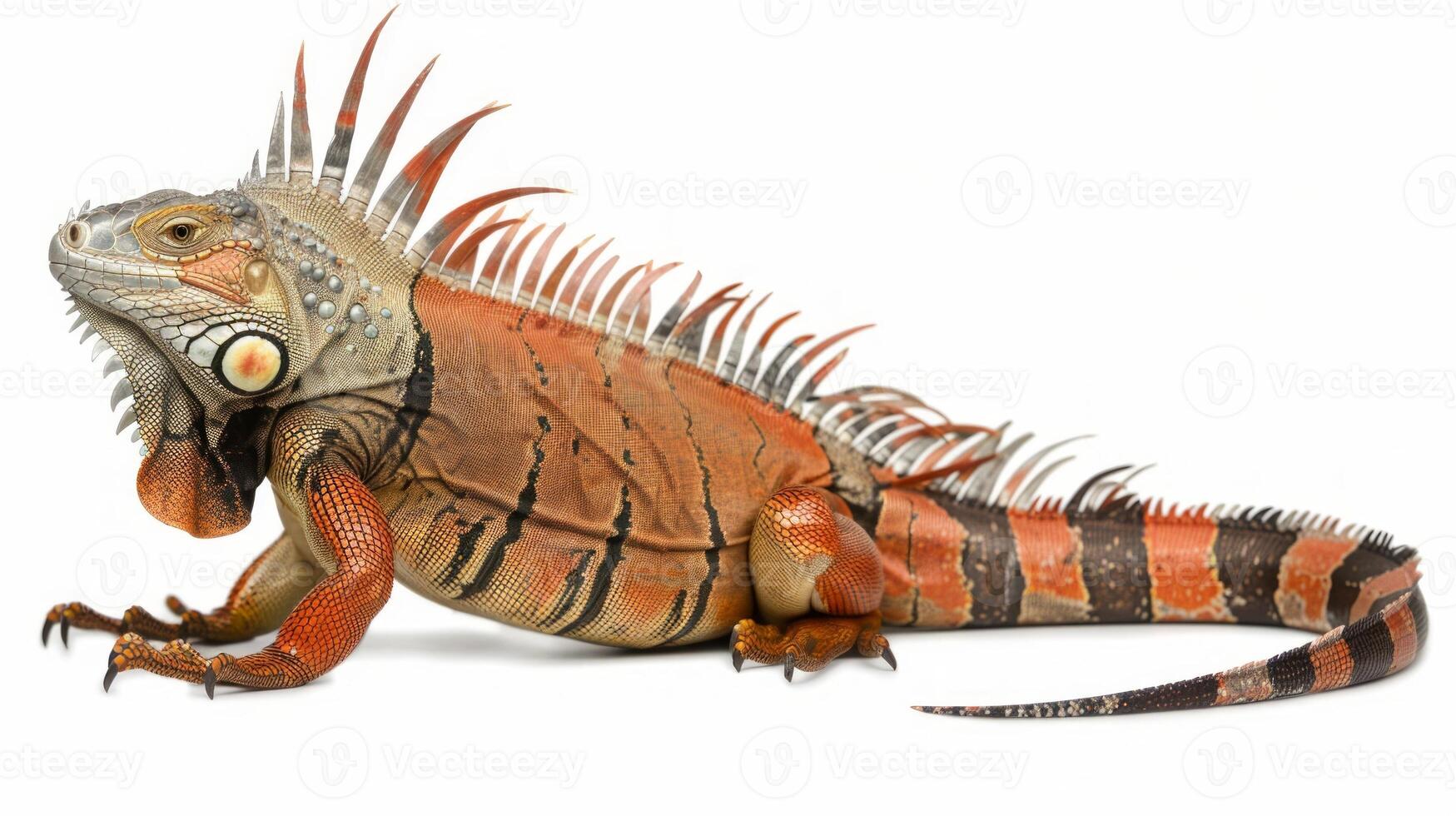 Cuban Rock Iguana displays its rugged scales and spiky crest while standing alert in a studio setting. The image emphasizes its unique reptilian traits and vibrant coloration. photo