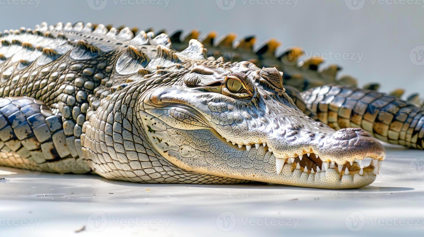 Cuban crocodile lies motionless displaying intricate textures and colors of its rough skin against a white background emphasizing its unique features and natural beauty. photo