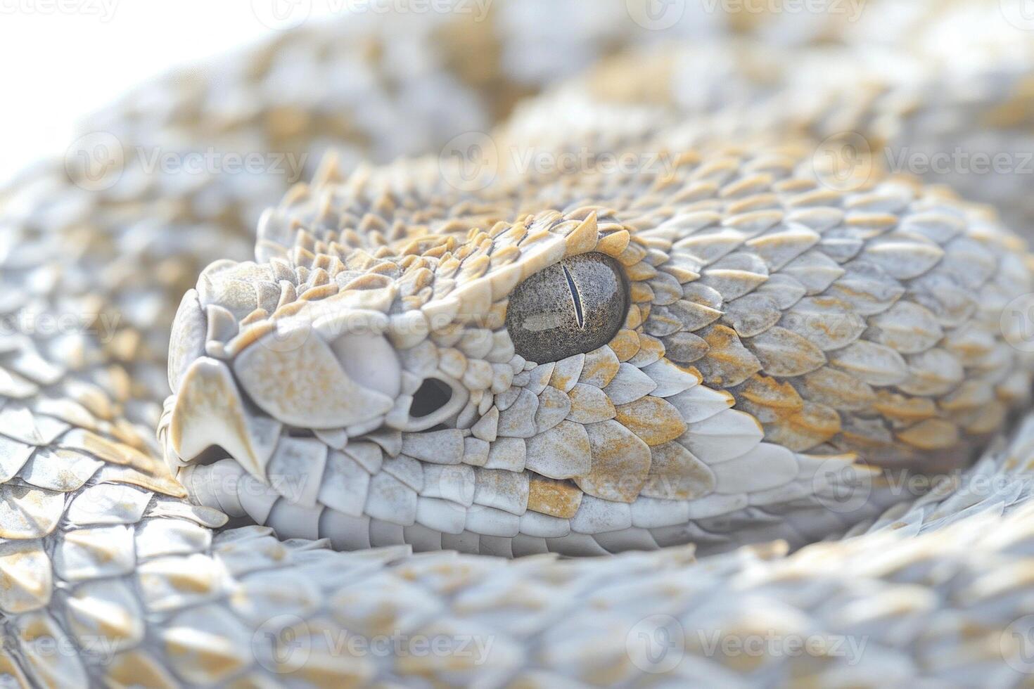 Desert Horned Viper characterized by its distinct horns above the eyes is coiled gracefully. Soft lighting highlights the intricate patterns on its scales showcasing natures artistry. photo
