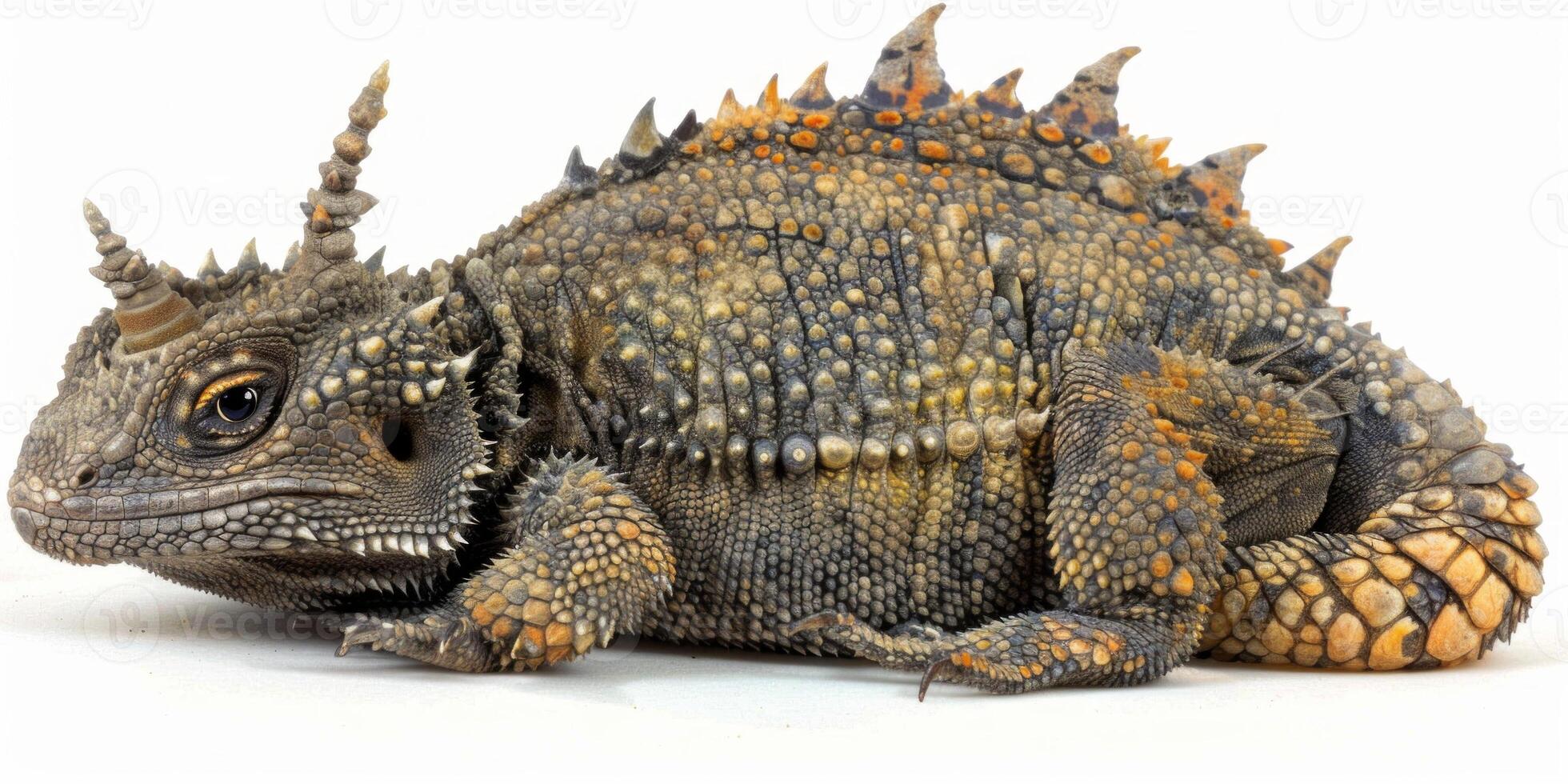 Desert Horned Lizard is positioned on a white surface highlighting its fascinating spiky scales and intricate skin texture under even lighting. photo