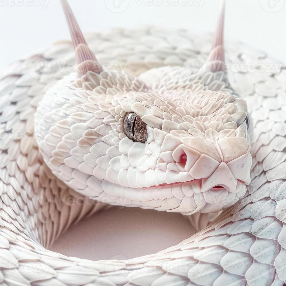 Desert Horned Viper with striking horns is coiled in a seamless white setting. The snake highlights its textured scales and unique features emphasizing the beauty of reptiles. photo
