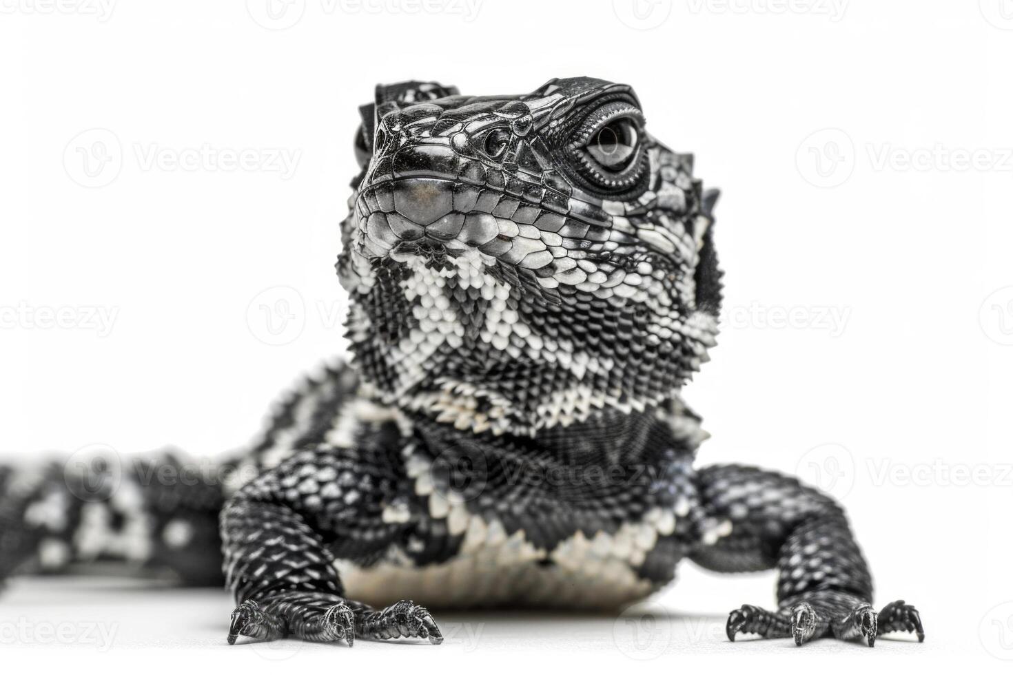 small Desert Night Lizard showcases intricate scales and colors while positioned against a bright white background emphasizing its unique features in detail. photo