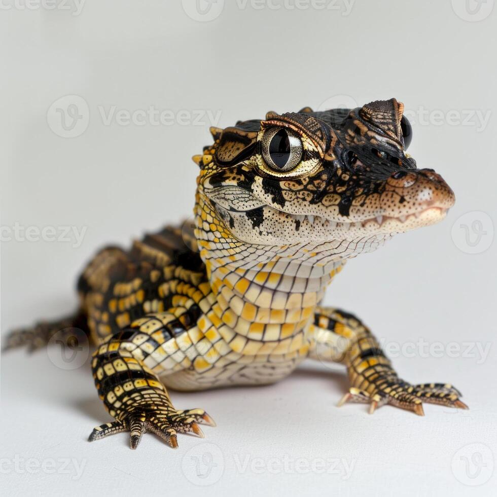 A Dwarf Caiman relaxes against a white backdrop highlighting its rough skin and intricate patterns in striking detail. The dramatic lighting enhances its features beautifully. photo
