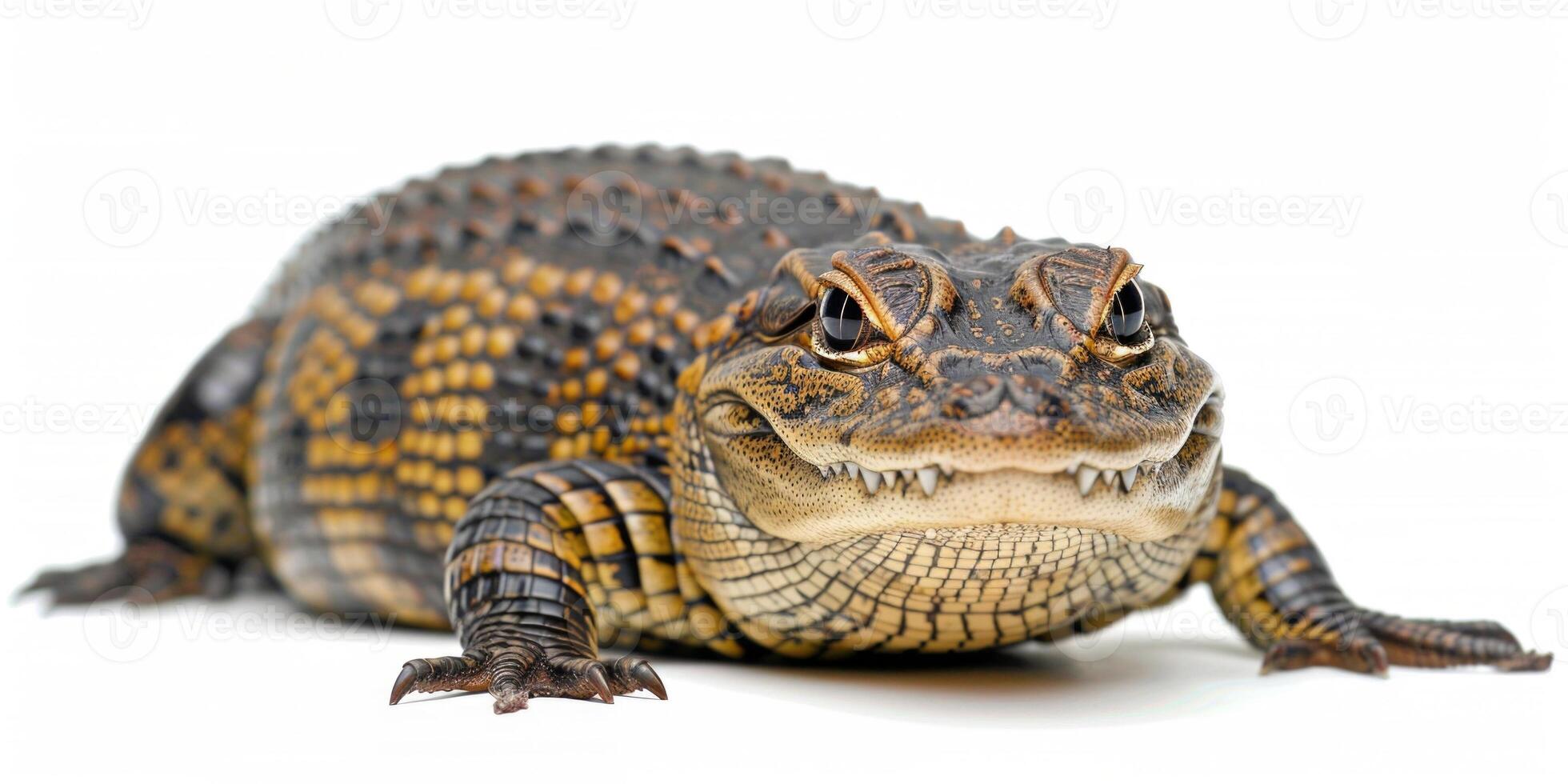 Dwarf Caiman rests comfortably on a white surface revealing its textured skin and sharp teeth. photo