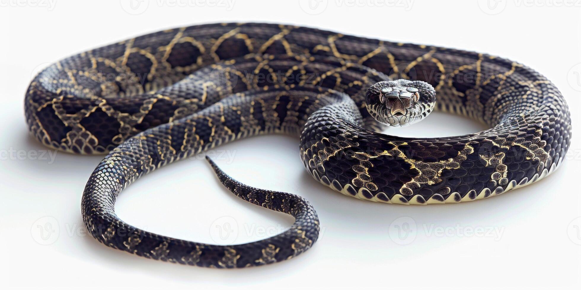 Eastern Diamondback Rattlesnake rests in a coiled position displaying its unique diamond shaped patterns and a visible rattle captured in sharp focus. photo