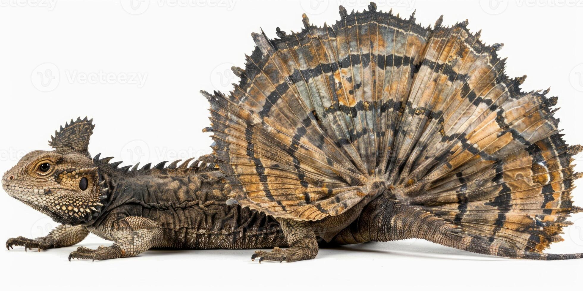 Frilled Dragon stands alert with its frill fully extended showcasing vibrant colors. This reptile is isolated on a clean white background highlighting its unique features. photo