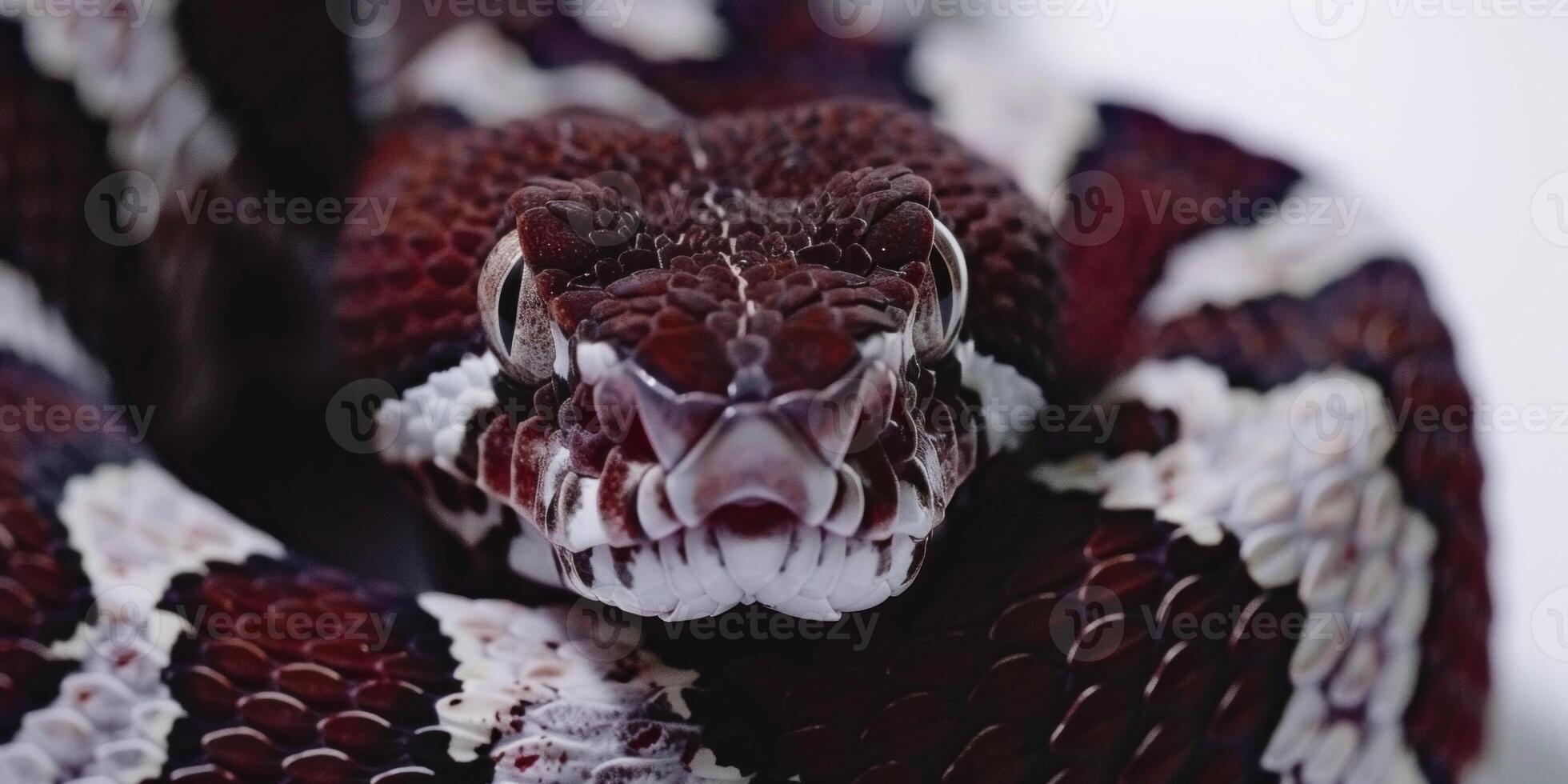 Gaboon Viper rests in a coiled position displaying its striking cryptic pattern. This reptile stands out against the white background highlighting its impressive features. photo