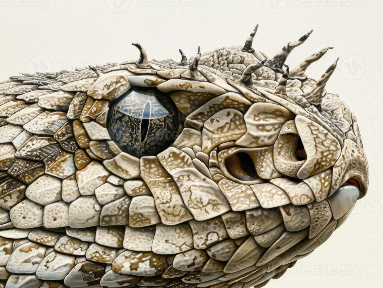 Gaboon Viper showcases striking features with a cryptic pattern and prominent horn like scales elegantly coiled against a stark white background under dramatic lighting. photo