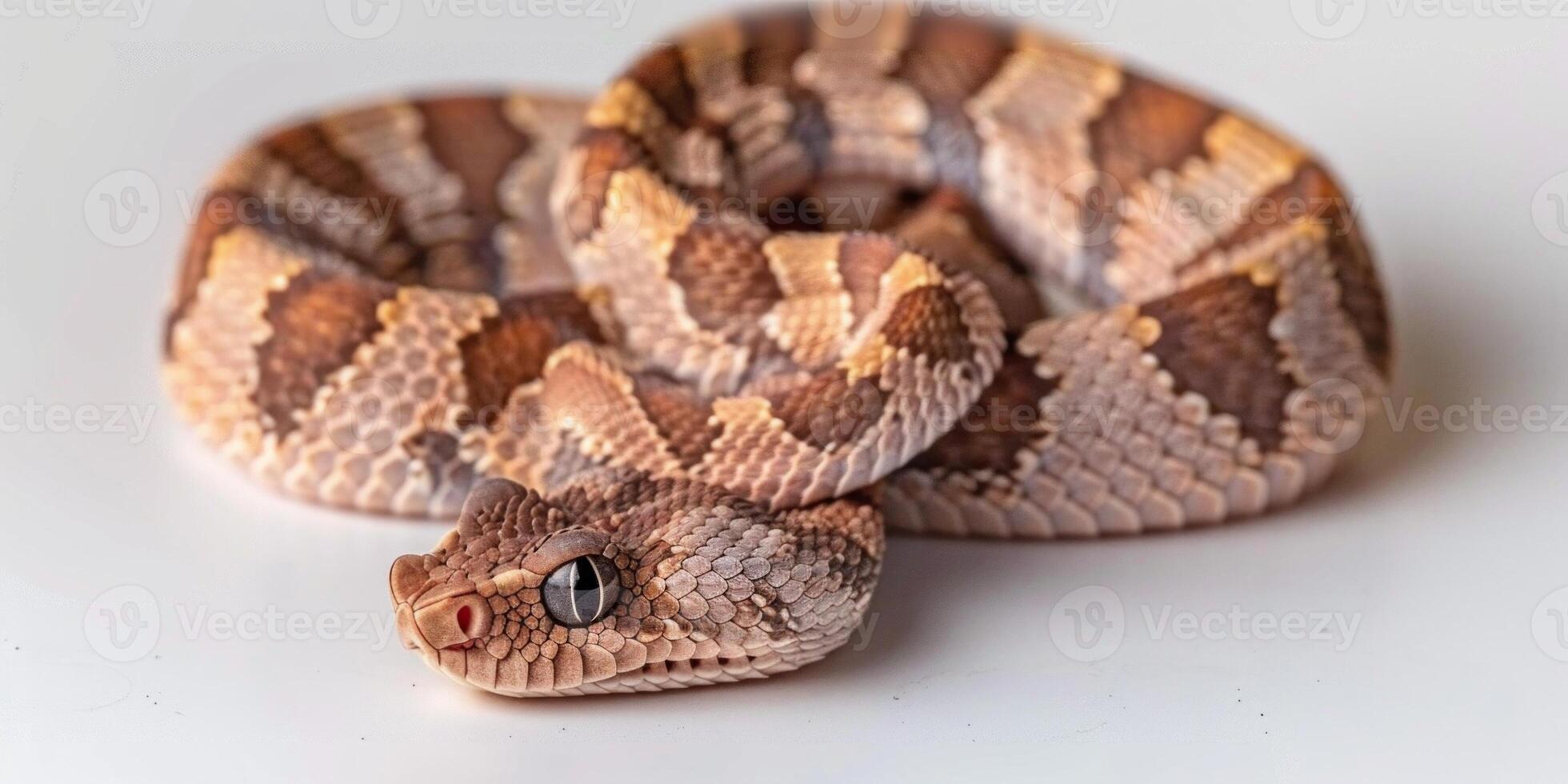 Gaboon Viper rests in a coiled position showcasing its distinct cryptic patterns and striking coloration against a seamless white background illuminated dramatically. photo