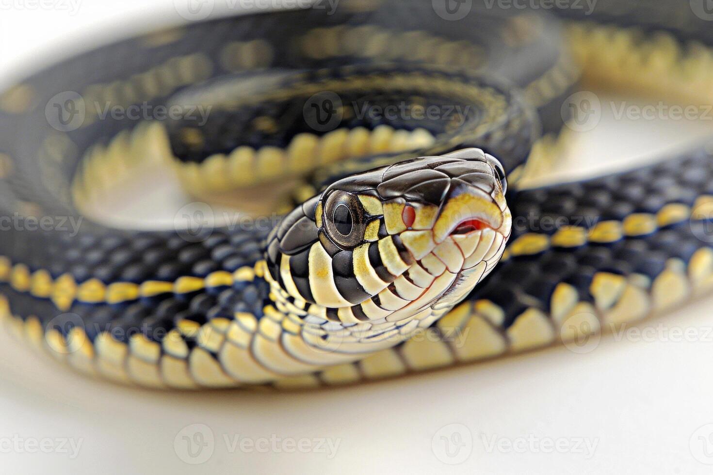 Garter Snake with striking yellow and black stripes slithers gracefully on a smooth white surface highlighting its glossy scales and vivid colors in soft lighting. photo