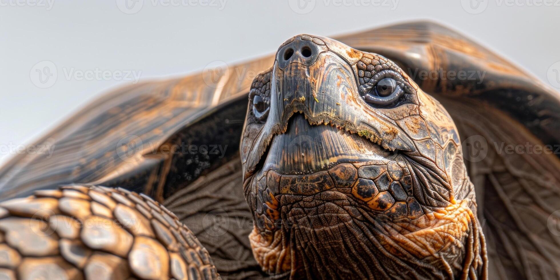 A Galapagos Giant Tortoise with a massive shell looks to the side showcasing its unique features against a clean white backdrop accentuated by subtle shadows. photo