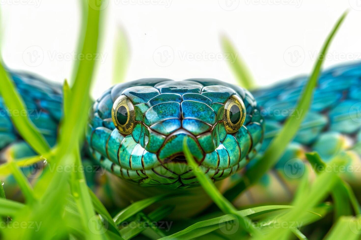 garter snake moves gracefully highlighting its distinctive stripes. The isolated background enhances its intricate patterns and colors revealing its natural beauty. photo