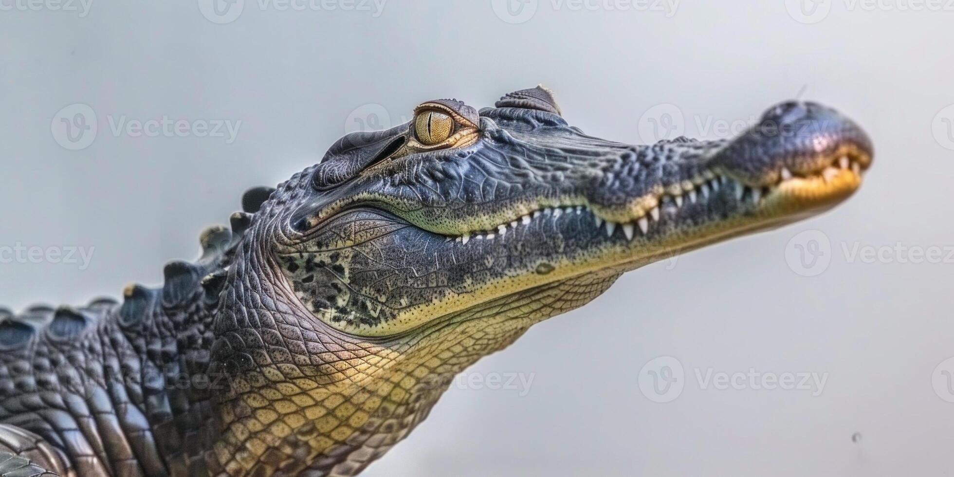Gharial known for its distinctive long snout is calmly resting in a controlled environment illuminated by even lighting showcasing its unique features and textures. photo