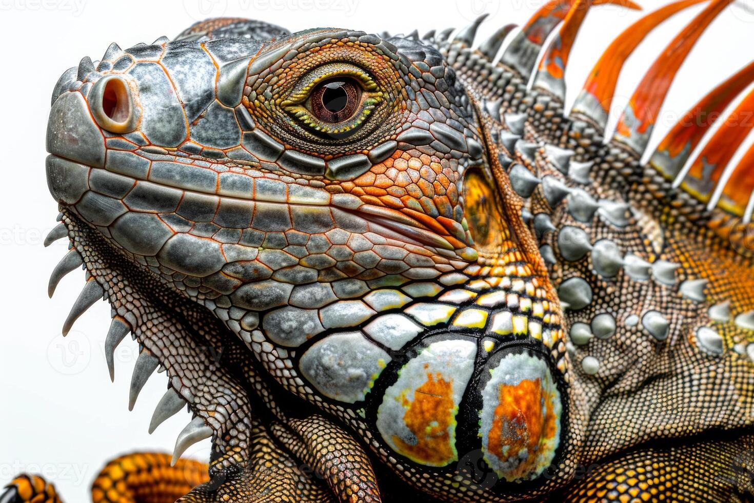 striking green iguana stands alert against pure white backdrop illuminated soft studio lighting that accentuates vibrant scales and distinct spines highlighting its natural beauty. photo