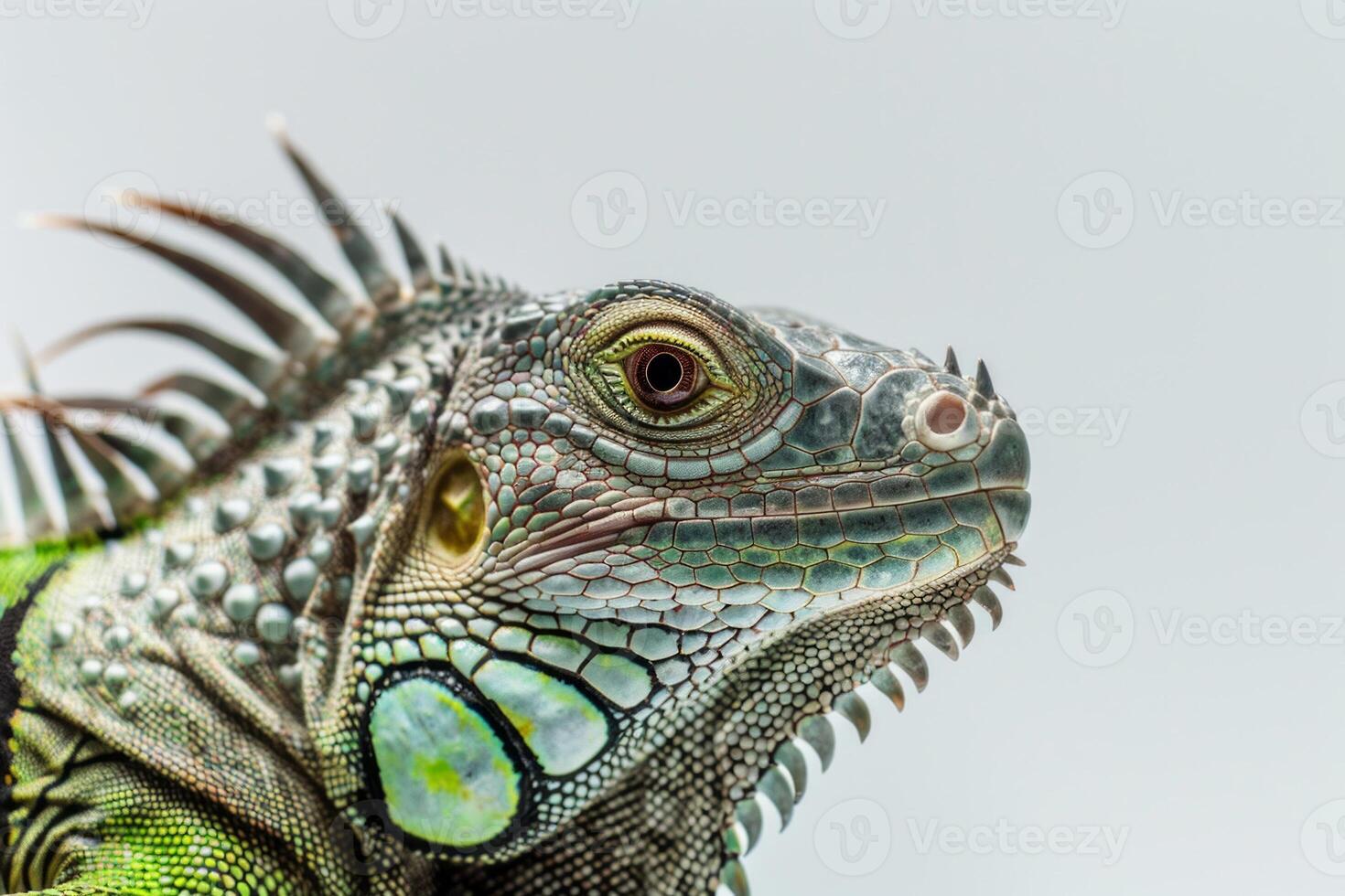 striking green iguana displays its vibrant green scales and prominent spines remaining alert against a soft white backdrop emphasizing its unique textures and features. photo