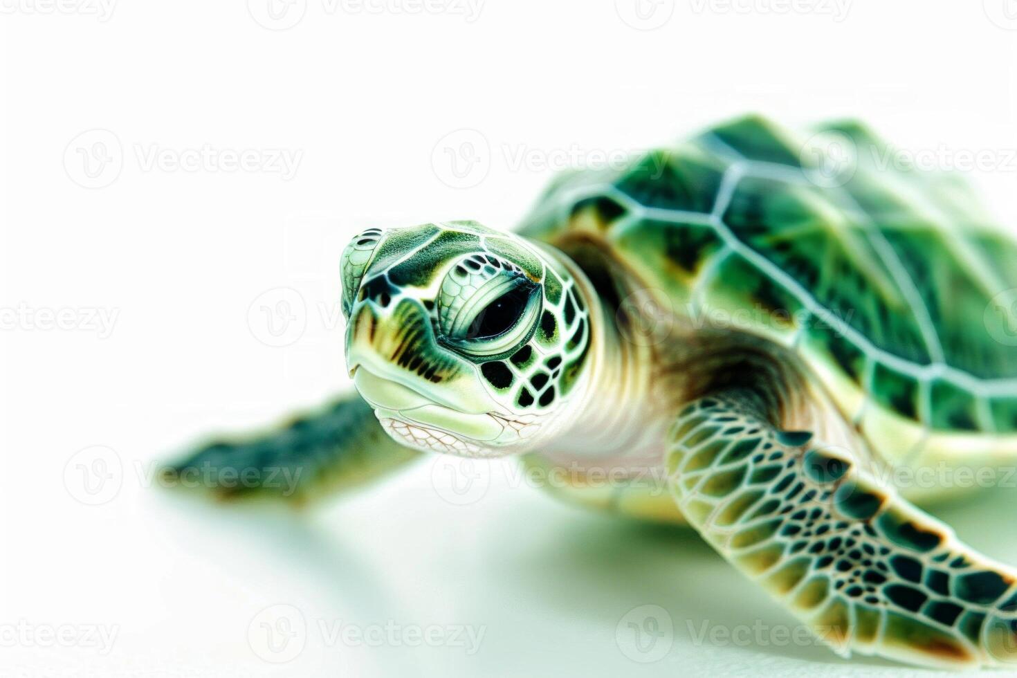 young Green Sea Turtle hatchling moves forward against a smooth white backdrop showcasing its vibrant green shell and intricate patterns. photo