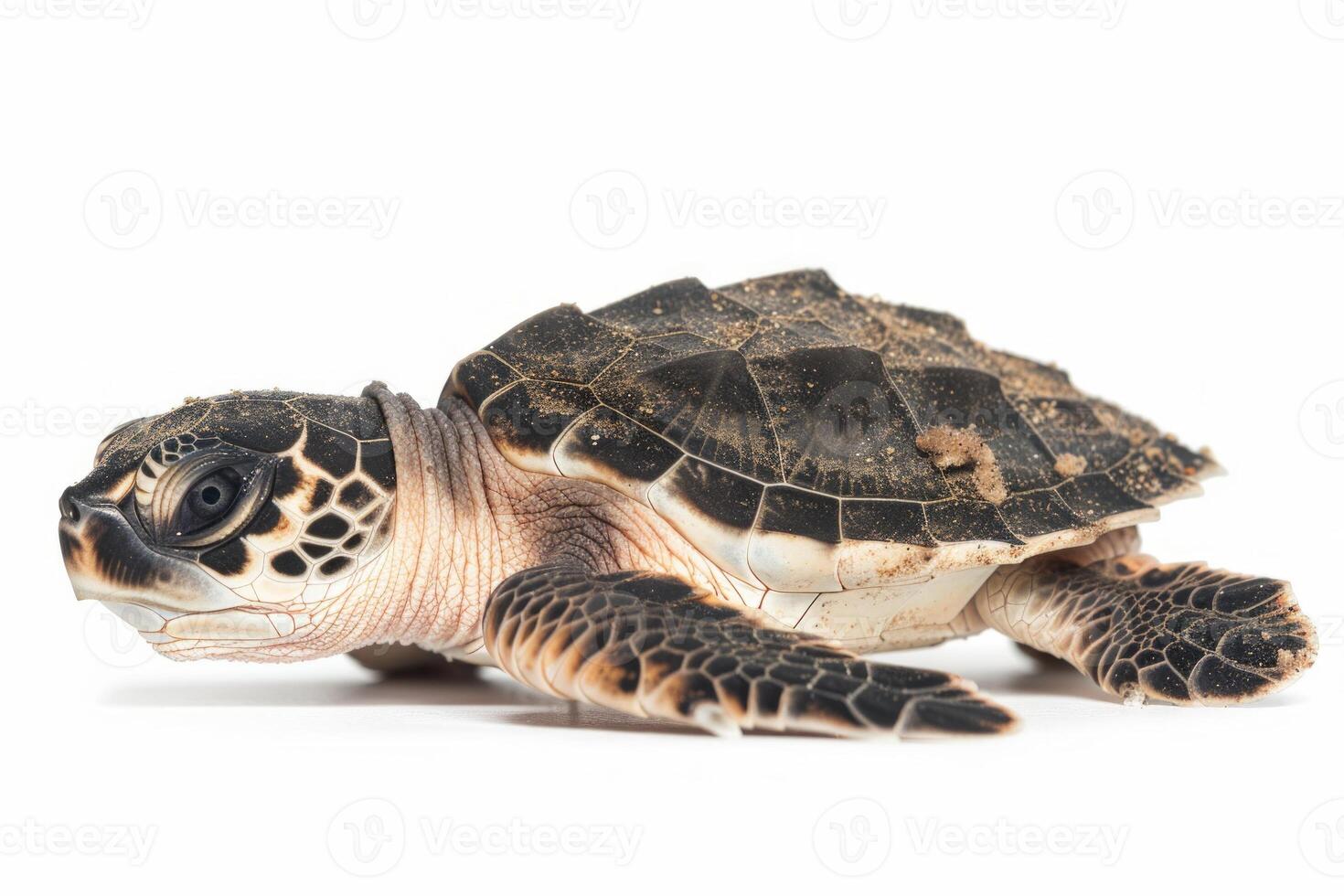 young Green Sea Turtle Hatchling moves determinedly across a clean white surface. Its distinctive shell and flippers reflect its journey toward the ocean. photo