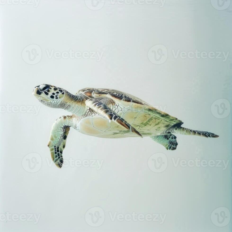 Green Sea Turtle glides smoothly through the water showcasing its unique shell and tranquil demeanor against the minimalistic white backdrop embodying beauty in motion. photo