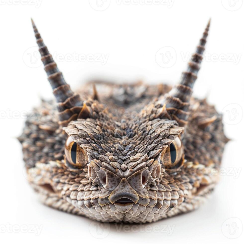 Horned Viper rests still showcasing its striking features and distinctive horns in a serene setting with soft lighting captured by a macro lens. photo