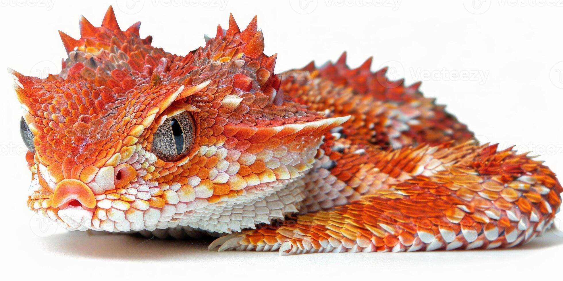 vibrant Horned Viper lies still against a white backdrop highlighting its striking horned appearance and intricate scales in detail under soft lighting. photo