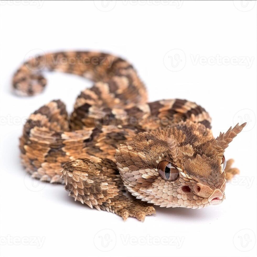 Horned Viper lies motionless with its intricate patterns visible against a soft white background highlighting its distinctive horns and natural beauty. photo
