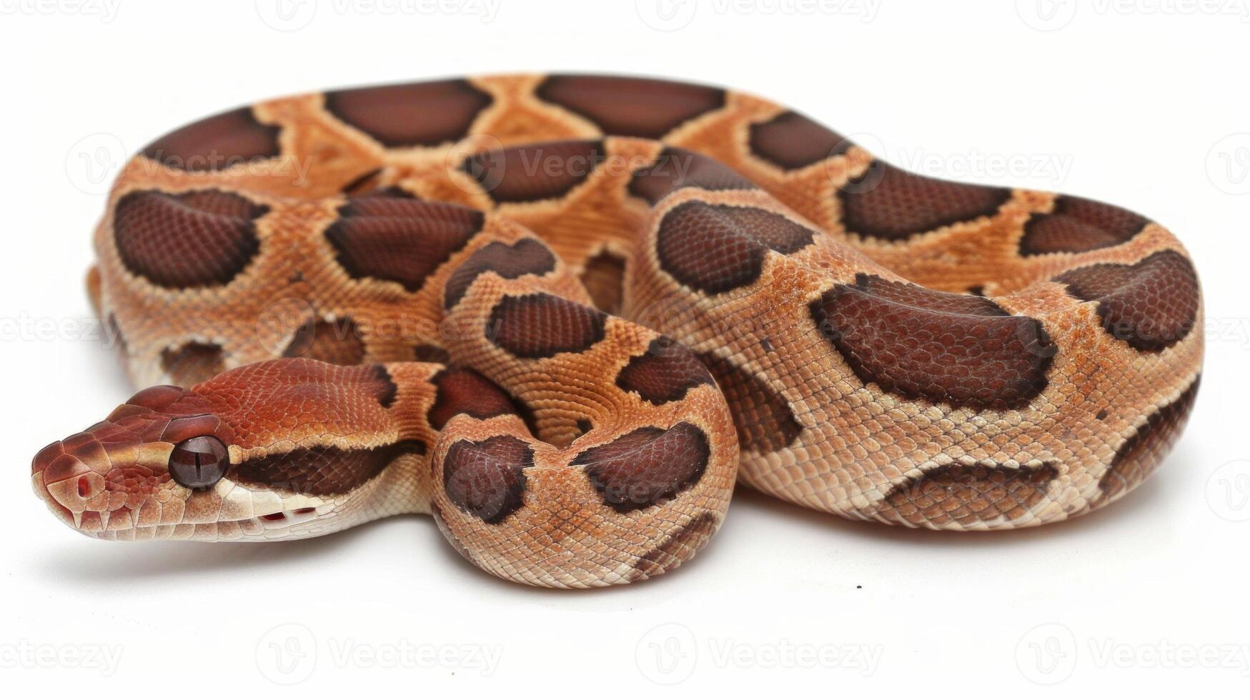 Jamaican Boa showcases its beautiful brown and tan patterns while coiled in a relaxed pose isolated against a soft white background. The gentle lighting highlights its unique features. photo