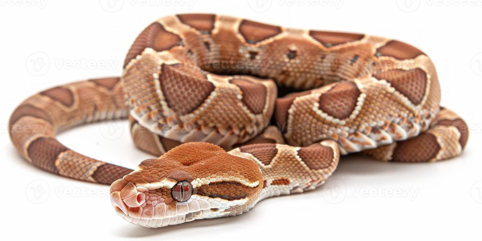 depiction showcases a Jamaican Boa beautifully coiled and featuring distinctive brown and tan patterns. The soft white background highlights its unique features and textures. photo
