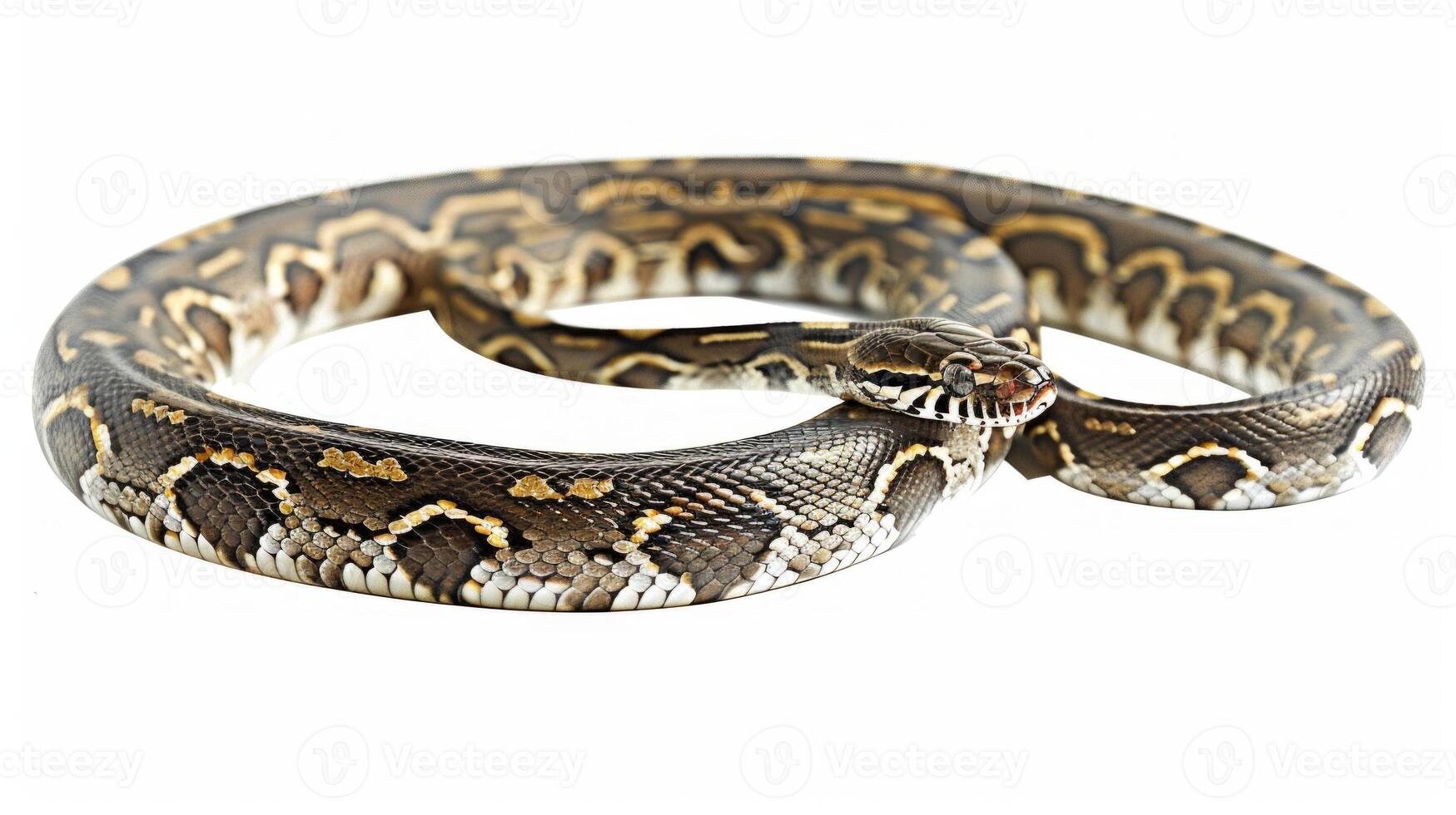 Jamaican Boa displays its elegant coiled posture featuring intricate brown and tan patterns. The soft lighting emphasizes the unique textures and colors of the snake against a pure white backdrop. photo