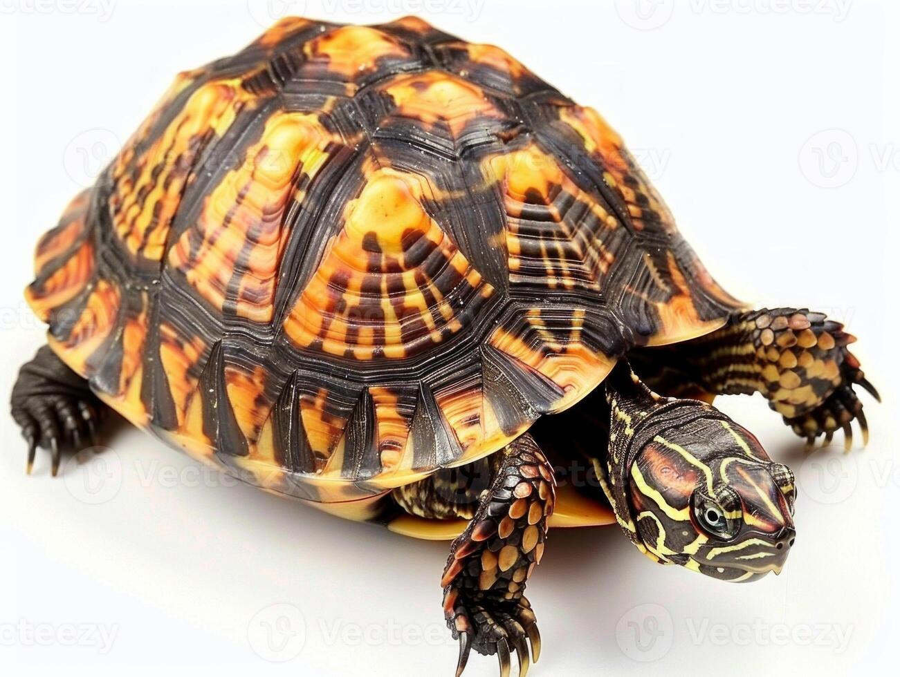 Keeled Box Turtle sits still with its unique raised shell prominently displayed. The isolated setting emphasizes the turtles vibrant colors and intricate patterns against a pure white backdrop. photo